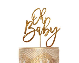 Glitter Oh Baby Cake Topper: Rustic Wood Baby Shower Decoration