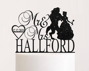 Beauty And Beast Wedding Cake Topper Mr & Mrs  With Last Name Fairytale Style Cake Topper Custom Glitter Rose Gold, Silver,