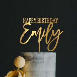 Personalisierter Torten topper Aus Holz Modern Schrift Happy Birthday mit Namen Custom Cursive Party Dekorationen Glitzer Jubiläum Topper