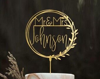 Beautiful Mr and Mrs Cake Topper with Rustic Wreath Custom Last Name Cake Topper Floral Personalized Wedding Cake Topper