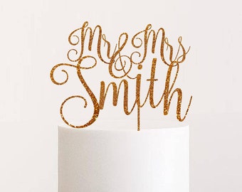 Personalised Wedding Cake Topper Custom Mr and Mrs Cake Topper Last Name Calligraphy Rose Gold Surname Wedding Cake Topper