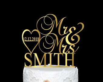 Personalized Wedding Cake Topper Rose Gold Custom Mr and Mrs Wedding Cake Topper Last Name with Date Heart  Rustic Cake Topper