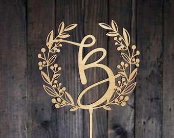 Custom Monogram Cake Topper Personalized Initial in Wreath Script Letter Cake Topper Rustic Bridal Shower Single Cake Decor for Wedding