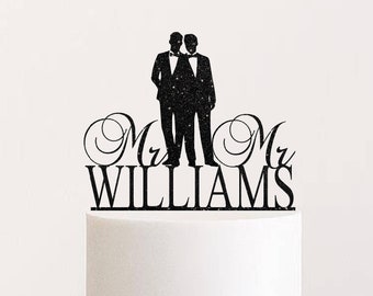 Gay Wedding Cake Topper with Custom Name Gay Couple Silhouette Mr and Mr Cake Topper Two Men Wedding