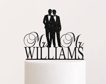 Gay Wedding Cake Topper with Custom Name Gay Couple Silhouette Mr and Mr Cake Topper Two Men Wedding