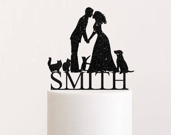 Mr & Mrs Personalized Wedding Cake Topper with Dog and Cat Couple Bride and Groom Silhouette Custom Cake Topper Funny Cake Topper with Pets