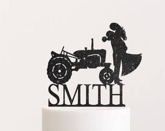 Tractor Wedding Cake Topper Farmer Cake Topper Country Novia y novio Wedding Cake Topper Nombre personalizado