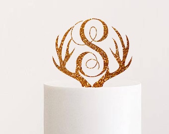 Antler Wedding  Cake Topper Monogram  Hunter Personalized Cake Topper with Letter Rustic Wood Cake Topper Deer Antlers