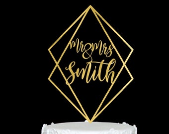 Custom Geometric Wedding Cake Topper Calligraphy Last Name Personalized Wedding Cake Topper Rose Gold Cake Topper Customized Wedding Decor