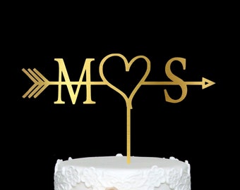 Rustic Wedding Arrow Cake Topper with Initials Heart Wedding Cake Topper Custom Engagement Cake Topper Rose Gold Bridal Shower Cake Topper