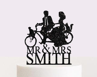 Personalized Wedding Cake Topper with Cats Couple Bride and Groom On Tandem Bike Custom Cake Topper Funny Cake Topper with Pets