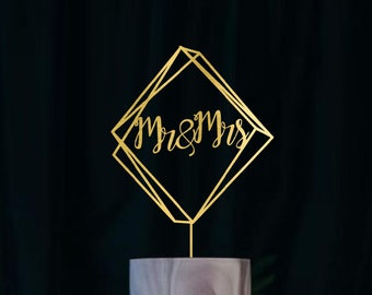 Mr and Mrs  Geometric Wedding Cake Modern Decoration for Wedding Wood Cake Topper Custom Beach Wedding Bridal Shower Engagement Gold Silver