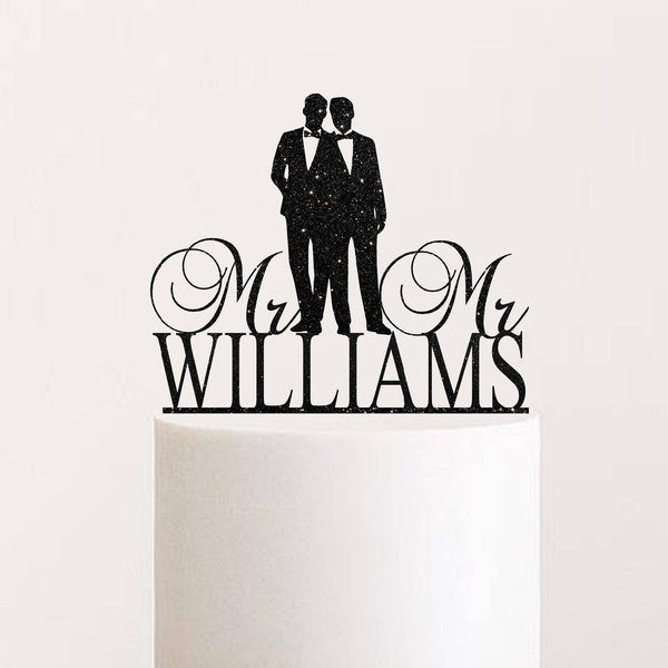 Gay Wedding Cake Topper with Custom Name Gay Couple Silhouette Mr and Mr Cake Topper Two Men Wedding