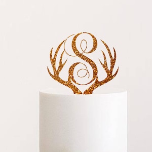 Antler Wedding  Cake Topper Monogram  Hunter Personalized Cake Topper with Letter Rustic Wood Cake Topper Deer Antlers