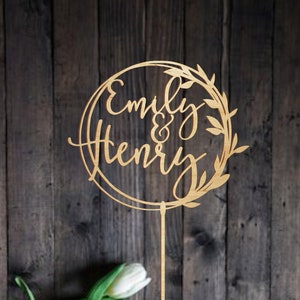 Botanical Personalized Names Circular Wedding Cake Topper with Branch Geometric Custom First Names Wedding Cake Topper Rose Gold Decoration