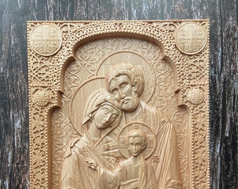 Religious Icon Holy Family Wooden Carved Housewarming Gift Wall Hanging Art Work Christian Icon Family Gift