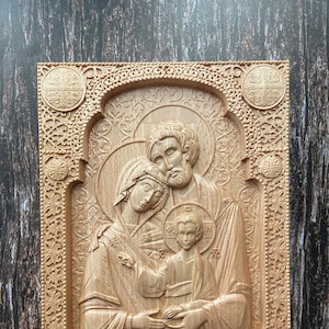 Religious Icon Holy Family Wooden Carved Housewarming Gift Wall Hanging Art Work Christian Icon Family Gift