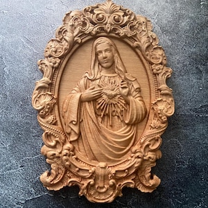 Immaculate Heart of Mary Wall Plaque Catholic Religious Art, Sacred Heart Decor, Virgin Mary Relief, Christian Gift, Home Altar