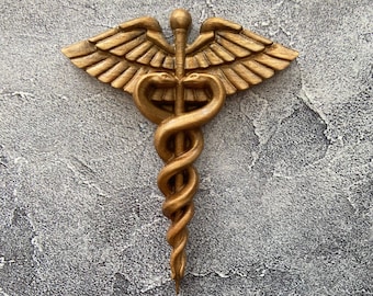 Wooden Carved Medical Symbol Cross Caduceus Wooden Statue Symbol Everlasting Live. Gifts for Doctor, Nurse, Paramedic, Healthcare Worker