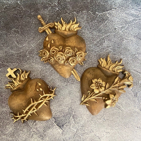 Trinity of Sacred Hearts - Handcrafted Wood Carving for Home Decor, Wedding Gift, Anniversary Present, Religious Symbol of Love and Faith