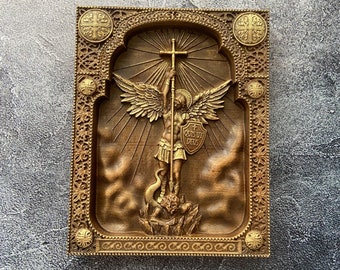 May include: A wooden carving of an angel with wings holding a cross and a shield with the text "QUOSDEI" on it. The carving is framed in a decorative wooden frame.
