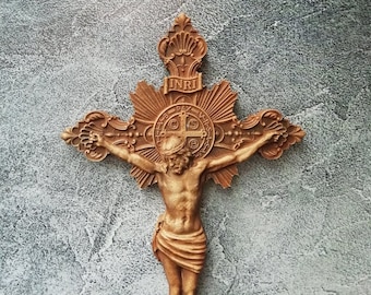 Hand-Carved Catholic Cross - Crucifix Wall Art - Religious Decor - Jesus Christ Inspired - Baptism & Housewarming Gift - Home Blessing