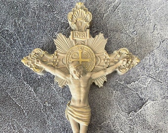 Wooden Carved Catholic Cross Religious Decor for Home with Intricate Carvings Unique Wooden Jesus Crucifix Christ Baptism Gift  Blessing