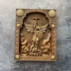 Aartsengel Michaël Christelijk decor sculptuur woondecoratie houten pictogram christelijk cadeau kerststal met beschermengel kunst aan de muur housewarming cadeau