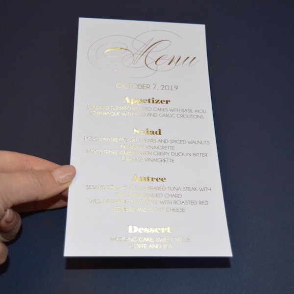 Wedding Dinner Menu Calligraphy Elegant Gold Foil  Cards Printed Custom Wedding Dinner Table Menu Elegant Gold Foil Menu Card