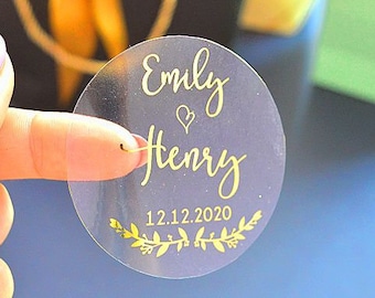 Personalized Wedding Foil Stickers Clear and White, Favor Round Gold Foil Labels, Wedding Favor Tags, Real Foil, Envelope Seals