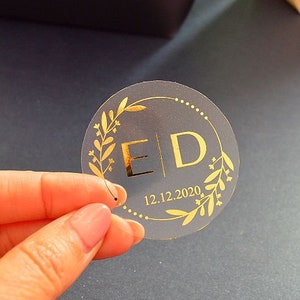 EchtFolie Hochzeit Sticker Monogramm Für Briefumschlag Klar und Weiß Etiketten personalisiert Semi Transparent Favor Tags Runde Aufkleber