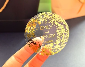 パーソナライズされたウェディングギフトステッカー：透明な丸型金箔ラベル
