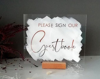 Please Sign Our Guestbook Wedding Acrylic Sign Rectangle Painted Glass Guest Book Sign Calligraphy  Look Modern Lettering Perspex Sign