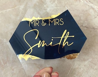 Personalized Acrylic Wedding Cake Topper Modern with Surname Mr and Mrs Customized Last Name Clear Acrylic with Gold Leaf Unique Cake Topper