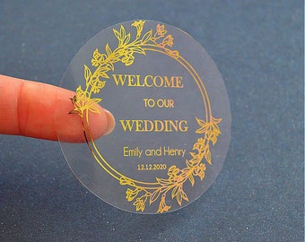 Adesivi personalizzati in lamina d'oro per matrimonio: etichette trasparenti per bomboniere