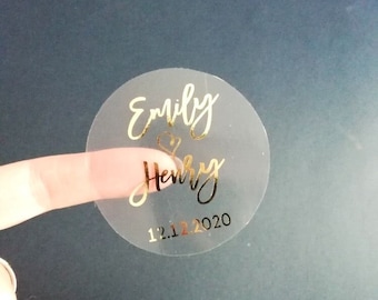 Custom Wedding Foil Stickers Clear and White, Personalized Favor Round Gold Foil Labels, Wedding Favor Tags, Real Foil, Envelope Seals