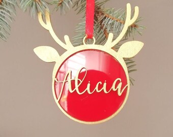 Personalized Reindeer Christmas Ornament: Custom Name Wood Xmas Bauble