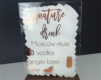 Acrylic Bar Menu Sign Modern Wedding Drinks Sign Painted Back Elegant Clear Table Sign for Wedding Perspex Sign with Metallic Lettering