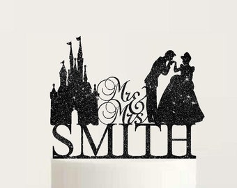 Fairytale Personalized Wedding Cake Topper Cinderella and Prince Charming Mr and Mrs with Surname Princess and Prince Wedding