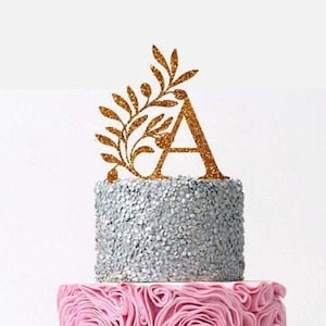 Adorno para tarta con monograma para boda, letra personalizada individual con rama, adorno para tarta de boda con monograma personalizado, adorno para tarta rústica con inicial