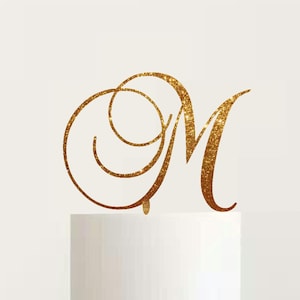 Elegancia boda monograma pastel topper personalizado letra inicial oro rosa plata brillo decoración única despedida de soltera compromiso aniversario