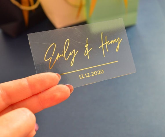 Modern Wedding Favor Stickers Clear and White Gold Foil Personalized Favor Labels Rectangular Envelope Seals Gold Silver Rose Gold Foil