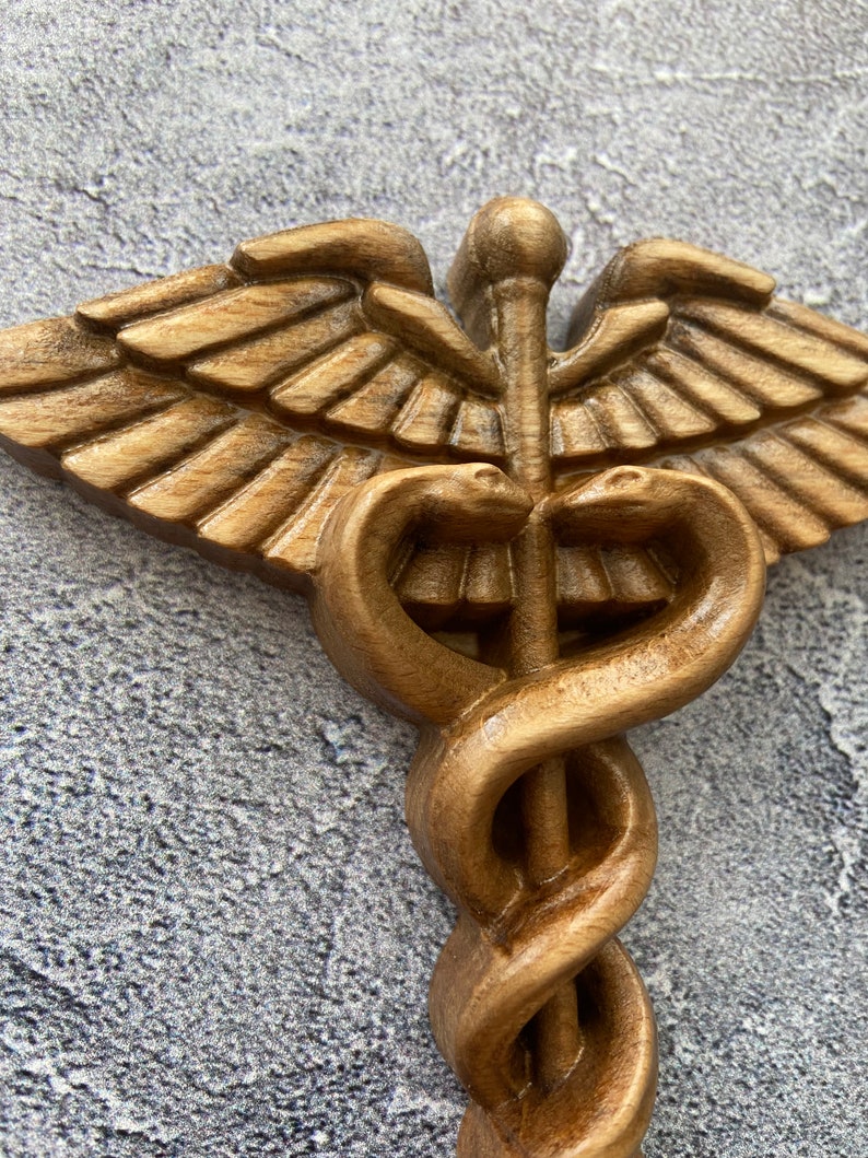 Wooden Carved Medical Symbol Cross Caduceus Wooden Statue Symbol Everlasting Live. Gifts for Doctor, Nurse, Paramedic, Healthcare Worker image 3