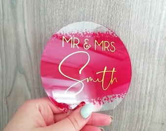 Gepersonaliseerde acryl bruidstaarttopper, meneer en mevrouw modern schrift