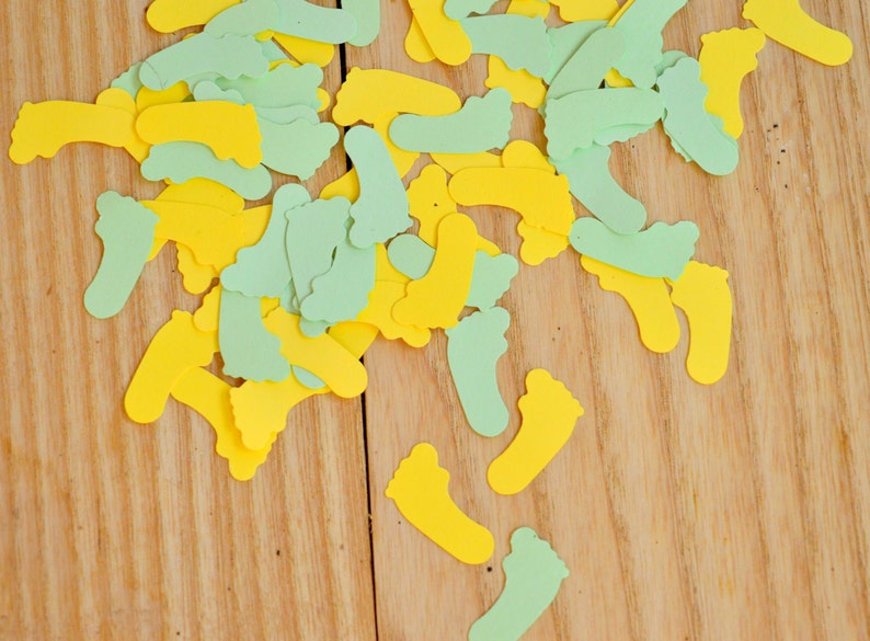 Feet Confetti Green and Yellow Baby Shower Confetti Gender Reveal Party Decor Party Confetti Gender Reveal Baby Shower Decor image 1