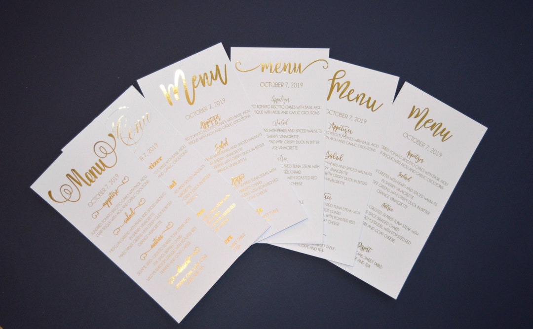 Personalised Gold Foil Cards Wedding Dinner Menu Calligraphy Etsy