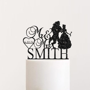 Die Schöne und das Biest Mr & Mrs Mr & Mrs Cake Topper Custom Glitter Rose Gold Silber Hochzeitstorte Topper mit Nachnamen