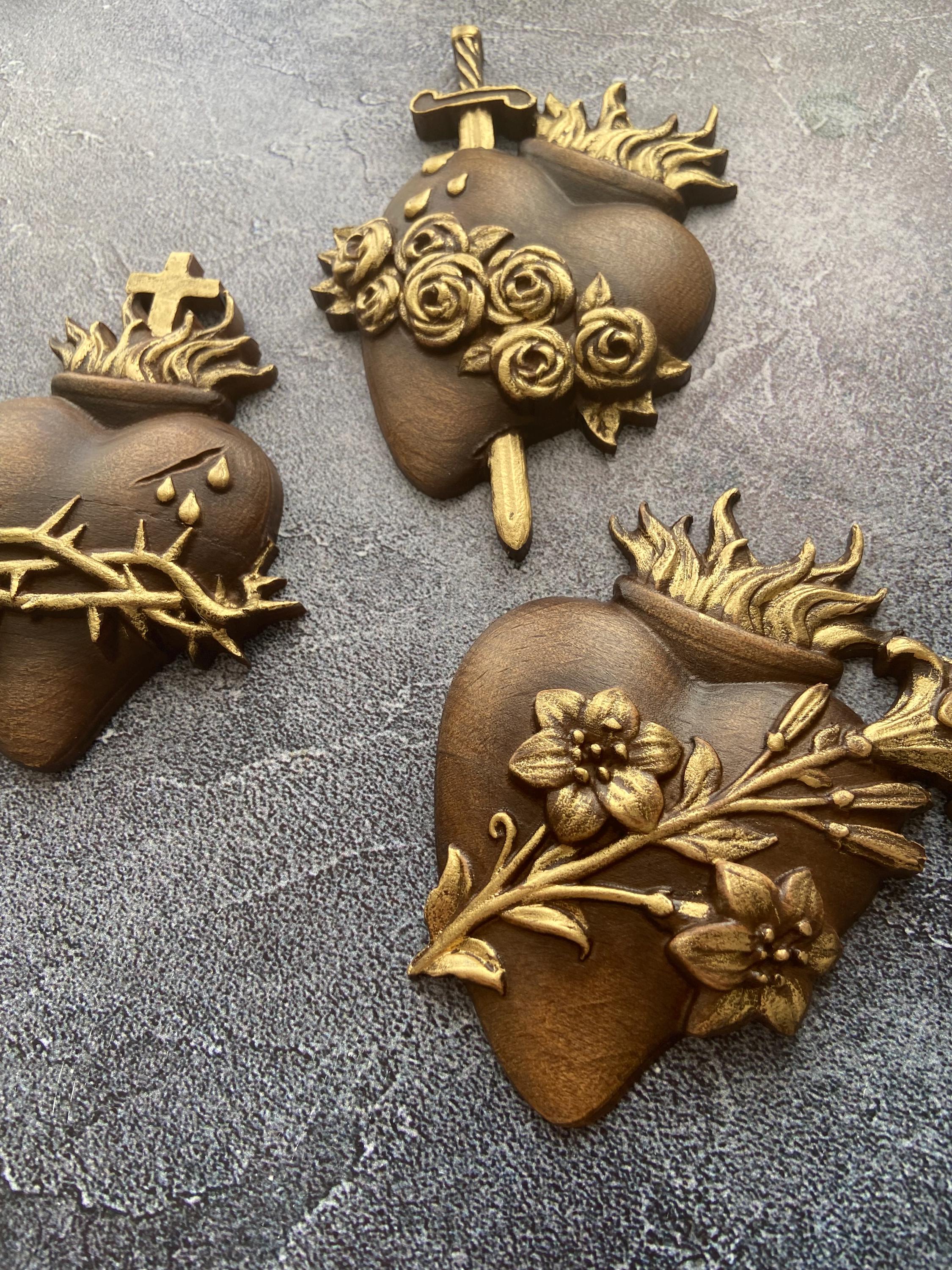 アンティークフランス 立体３層カードカニヴェ 聖体式記念 3D薔薇鳩バード勿忘草 Handcrafted Wood Carving – Trinity of Sacred Hearts, Religious
