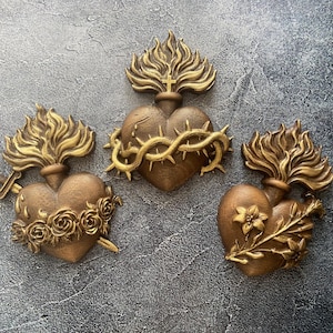 Trinity Set Immaculate & Most Sacred Heart Sacred Heart Wall Decor Catholic Art Christian Home Decor Religious Gifts Wooden Ex Voto Hearts
