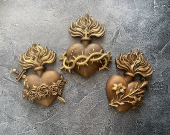 Conjunto Trinidad Inmaculado y Sagrado Corazón Decoración de pared del Sagrado Corazón Arte católico Decoración cristiana para el hogar Regalos religiosos Corazones de madera Ex Voto